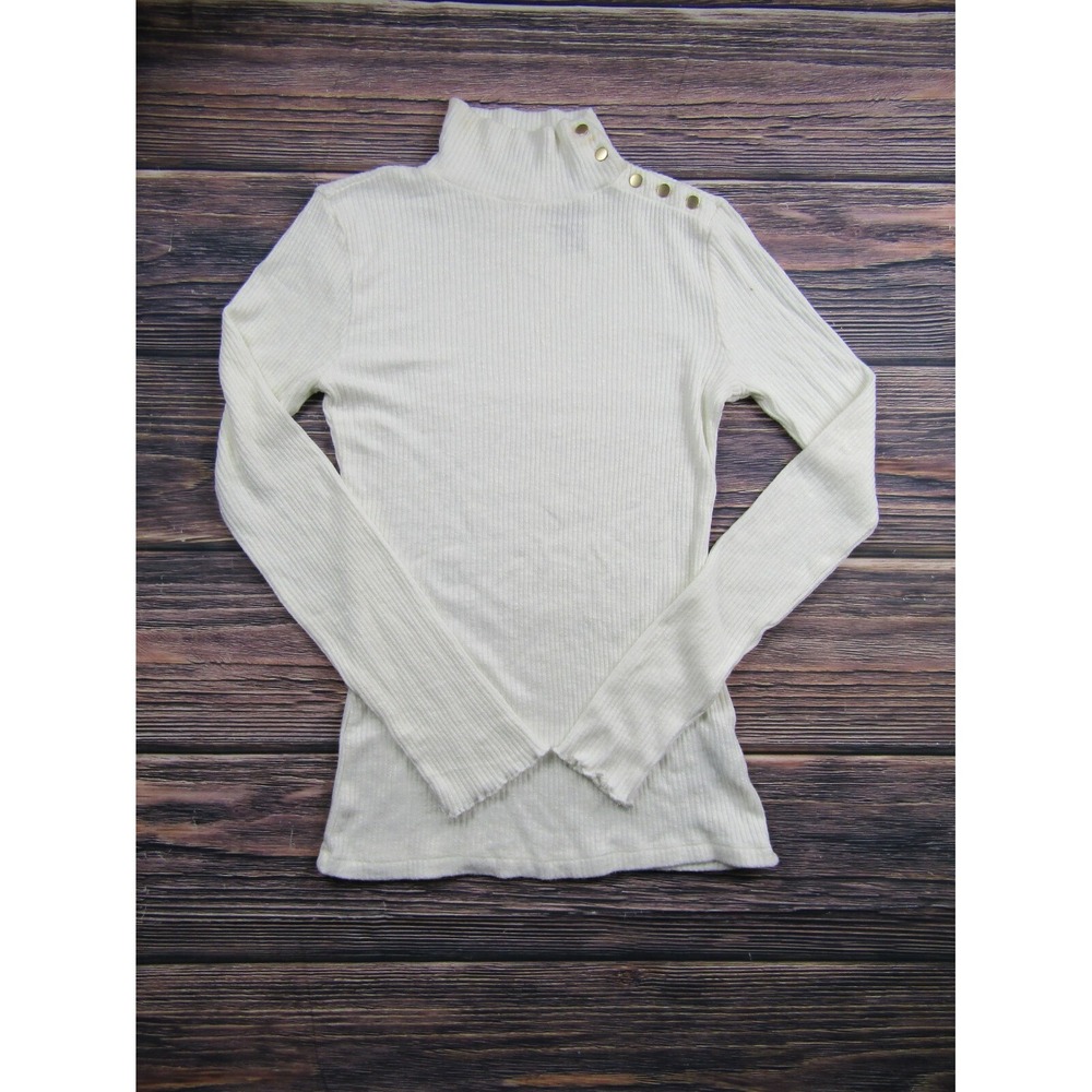 J Crew Womens Small Ivory White Ribbed Long Sleeve Mock Neck Top Button Shoulder